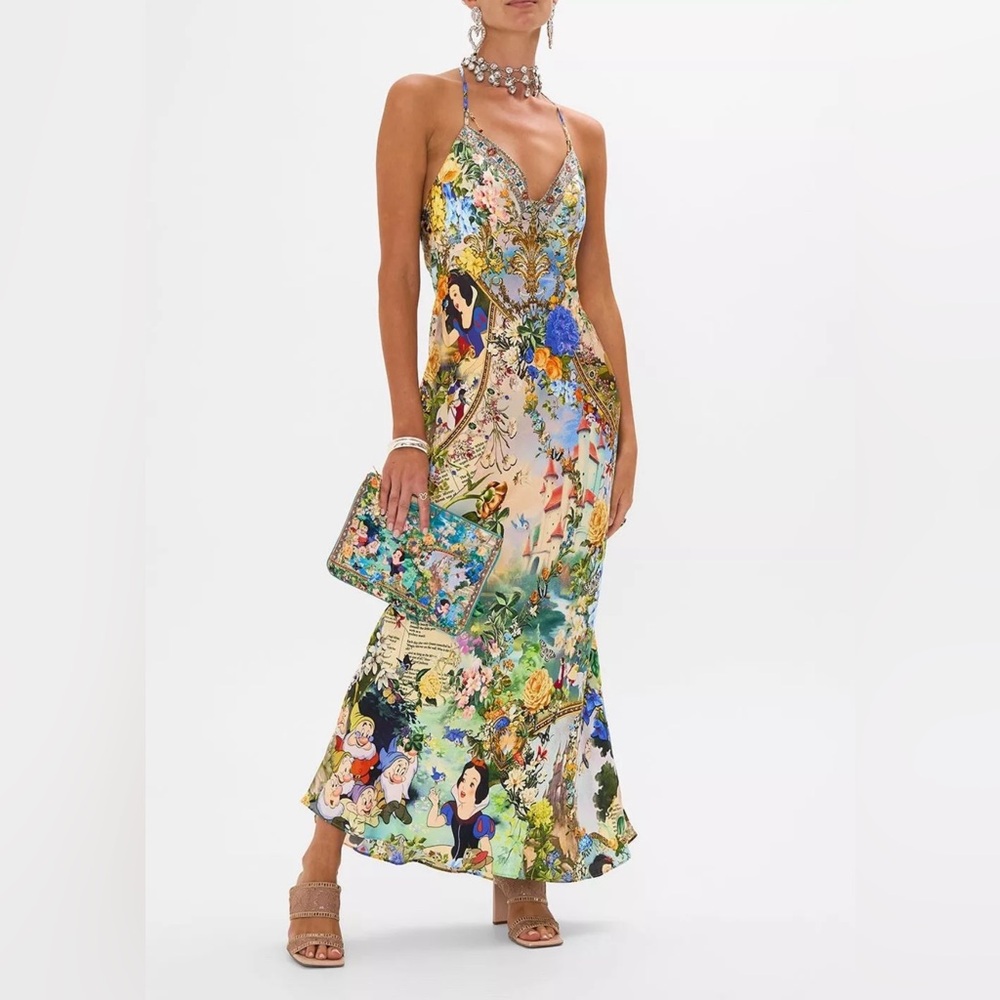 Camilla Snow White Green Floral Silk Slip Maxi Vacation Dress Me chain detail